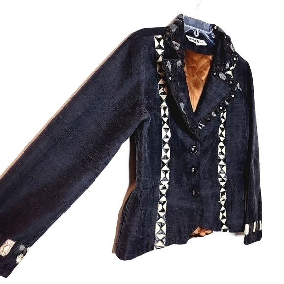 Anage Too vintage women's m black button down embellished sparkly geometric top - Picture 3 of 15